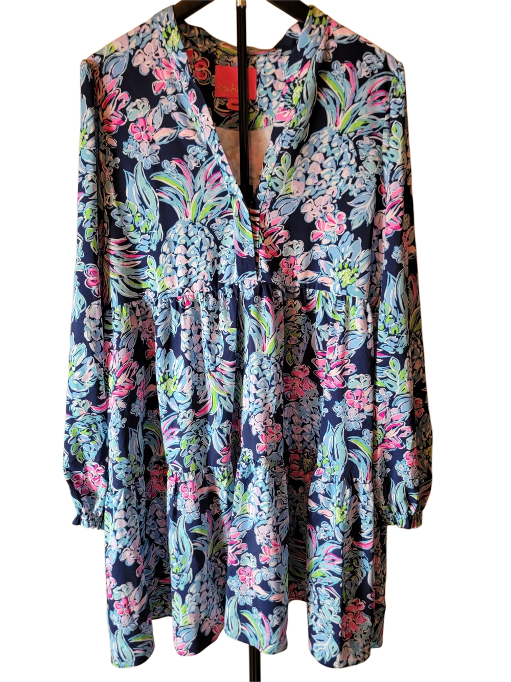 Lilly Pulitzer Winona Stretch Tiered Swing Dress High Tide Navy Pineapple L